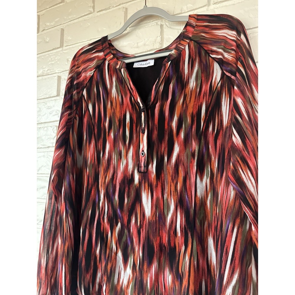 Calvin Klein Women's Multicolor Ikat Print Sheer Chiffon Hi-Low Blouse Medium - Picture 9 of 9